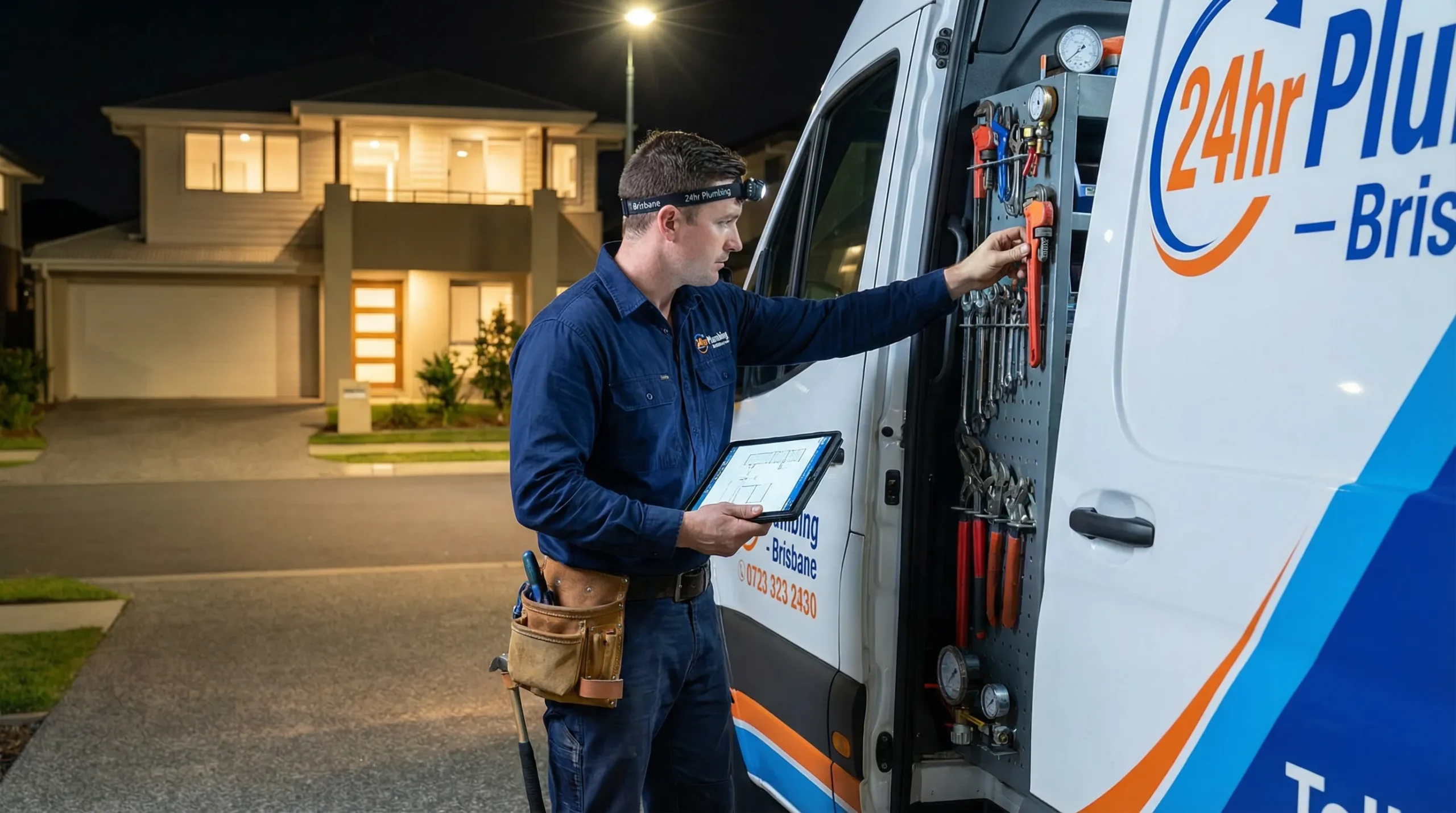 emergency plumber by service van outside brisbane home at night